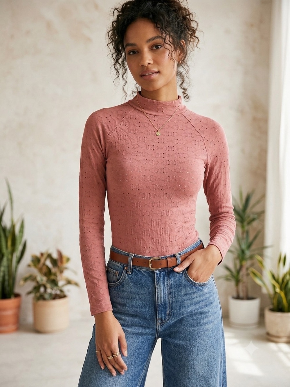 Free People Intimately Eyelet Mock Neck Long Sleeve Bodysuit in copper